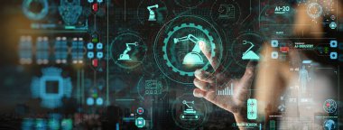 Ui izleme sistemi yazılımı ile akıllı fabrika otomotiv endüstriyel makine ile mühendis el kontrol ve kontrol kaynak robotik otomatik silah simgesi.