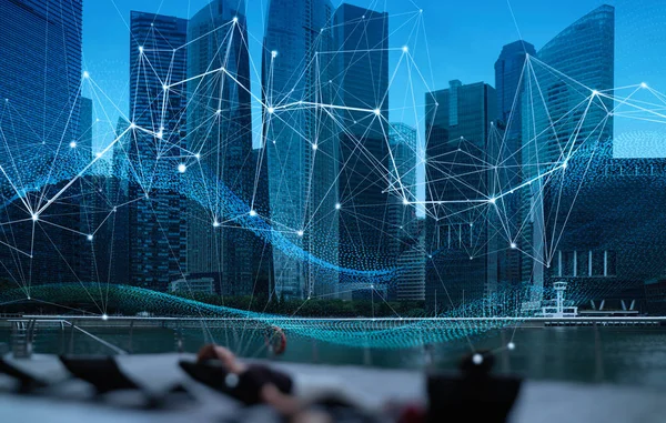 Soyut Singapur şehir arka planına sahip kablosuz ağ ve bağlantı teknolojisi kavramı 