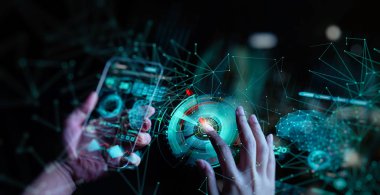Küresel iş, fintech, blockchain 5g Lte veri bağlantısı ile el dokunmalı Telekomünikasyon ağı ve kablosuz mobil internet teknolojisi.