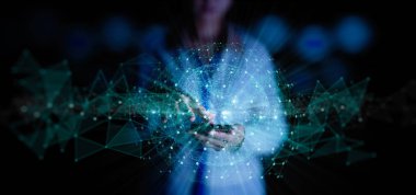 Küresel iş, fintech, blockchain 5g Lte veri bağlantısı ile el dokunmalı Telekomünikasyon ağı ve kablosuz mobil internet teknolojisi.