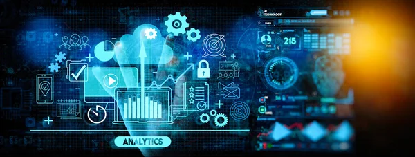 Hand touching Business data analytics process management with KPI financial charts and graph and automated marketing dashboard.