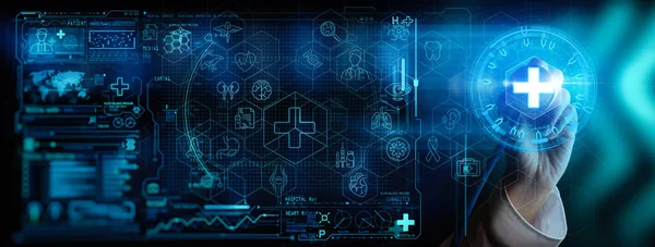 Tıbbi teknoloji ağ kavramı ile hastanede stetoskop ve Ui simgesi tıbbi doktor el.
