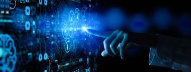 Ui izleme sistemi yazılımı ile akıllı fabrika otomotiv endüstriyel makine ile mühendis el kontrol ve kontrol kaynak robotik otomatik silah simgesi.