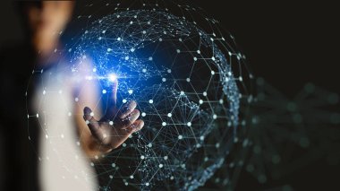 Küresel iş, fintech, blockchain 5g Lte veri bağlantısı ile el dokunmalı Telekomünikasyon ağı ve kablosuz mobil internet teknolojisi.