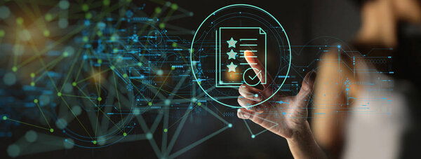 Представительница бизнеса Ручное касание иконки системы управления данными документооборота Business Internet Technology Concept
.