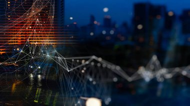 Soyut binalar ve şehir arkaplanı ile kablosuz ağ ve bağlantı teknolojisi kavramı