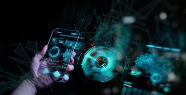 Küresel iş, fintech, blockchain 5g Lte veri bağlantısı ile el dokunmalı Telekomünikasyon ağı ve kablosuz mobil internet teknolojisi.