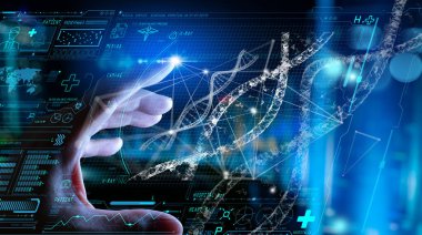 Doktor Eli 'nin dijital tıbbi kayıt tabletine DNA ile dokunuşunu kapat. Tıp teknolojisi ve ağ konsepti için modern Ui hologramında sağlık ve ağ bağlantısı AR 'ı.