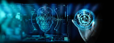 Ui izleme sistemi yazılımı ile akıllı fabrika otomotiv endüstriyel makine ile mühendis el kontrol ve kontrol kaynak robotik otomatik silah simgesi.