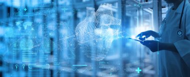 Kalp konseptinin tıbbi teknoloji teşhisi. Tıp doktoru ve steteskop Ui kalbi ve teşhis analizi ile çalışıyor..