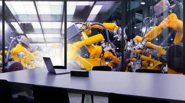 Factory Industrial Engineer office with automation robot arms machine in intelligent factory industrial on real time monitoring system software.Digital future manufacture in meeting room.