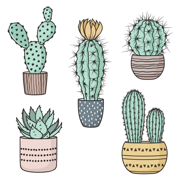 Uppsättning Söt Kaktusar Krukor Pastellfärger — Stock vektor