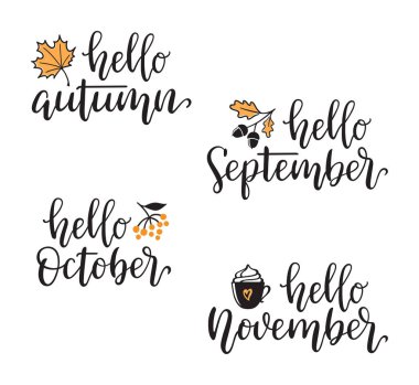 Sonbahar hat tasarım öğeleri ile ayarla. Sonbahar, Eylül, Ekim, Kasım el yazılı Merhaba