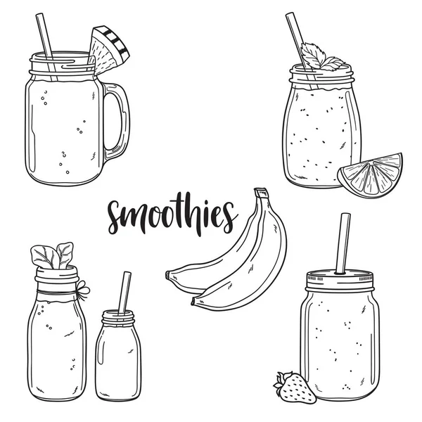 Set Hand Drawn Smoothies Jars Bottles Fruit Greenery Ingredients — Stock Vector