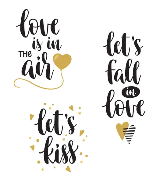 一套手书法短语为情人节和浪漫的设计 爱在空气中 让我们亲吻 让我们坠入爱河 — 图库矢量图片