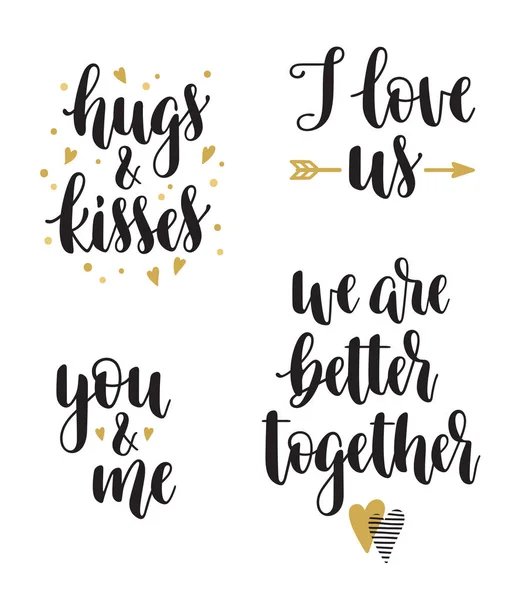 Set Hand Calligraphy Phrases Valentines Day Romantic Design Love Hugs — Stock Vector