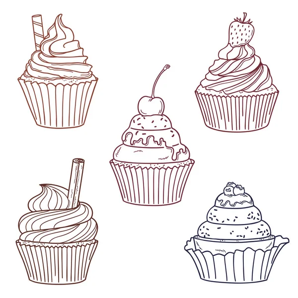 Vector cupcake illustration. Set of hand drawn cupcakes. Doodle cakes