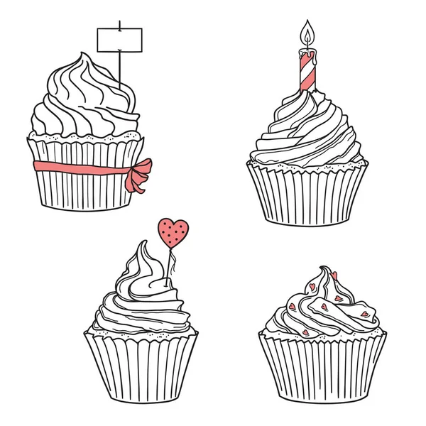 Set Von Handgezeichneten Cupcakes Mit Kerze Schleife Notiz Und Herzdekorationen — Stockvektor