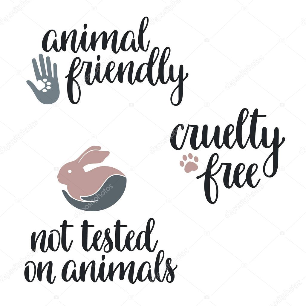 Not tested on animals, Cruelty free, Animal friendly hand lettering with icons and design elements