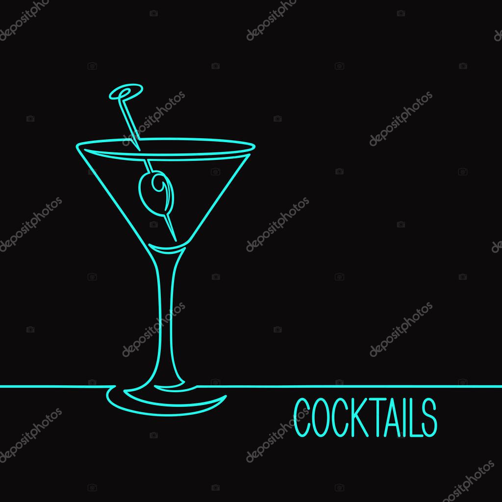 Cocktail glass with olive. One continuous line drawing