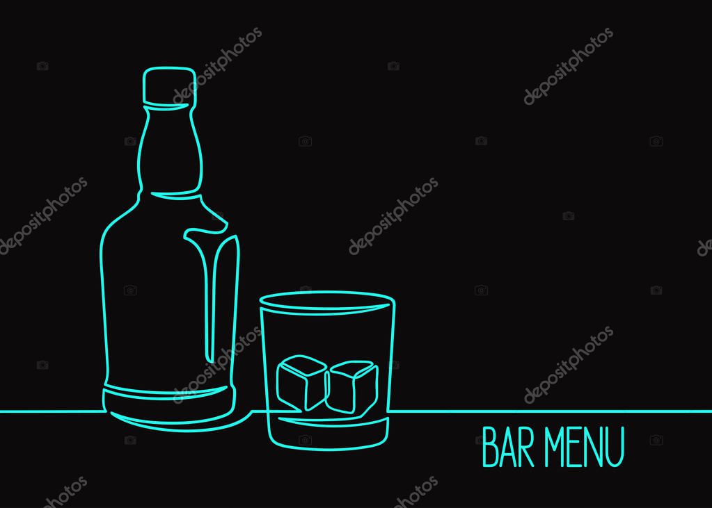 Whiskey bottle and glass with ice cubes. One continuous line drawing