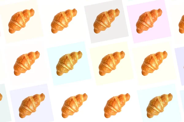 Fresh croissants seamless pattern on different colors checked background — Stock Photo, Image