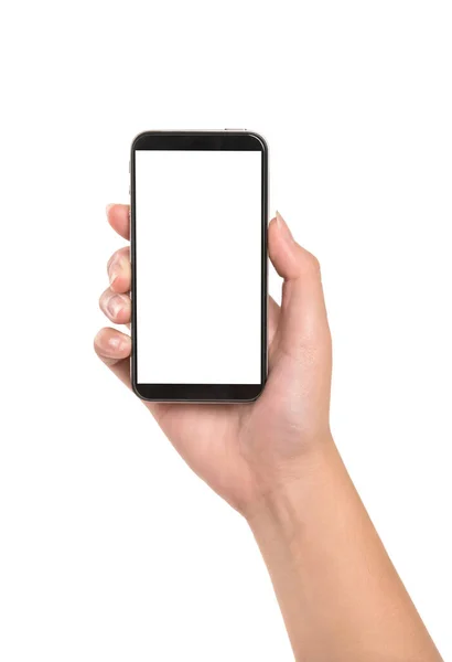 Beyaz arka planda izole edilmiş akıllı telefonu tutan genç bir kadın..