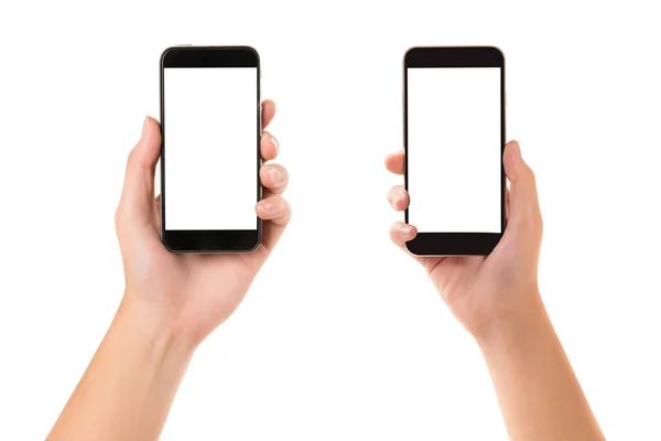 Beyaz arka planda akıllı telefonu tutan kadın..