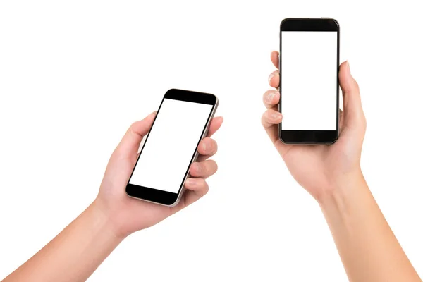 Beyaz arka planda akıllı telefonu tutan kadın..