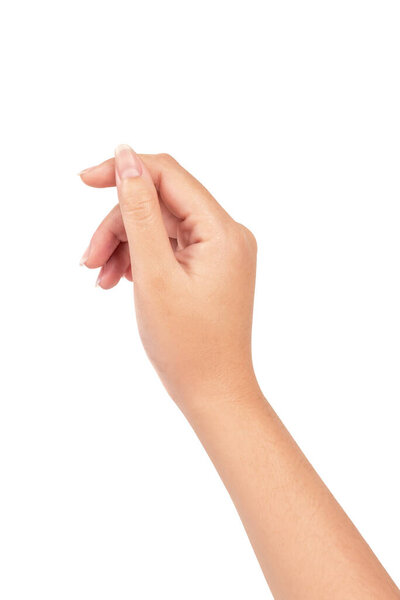 Женщина жестикулирует изолированно на белом фоне.