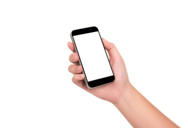 Beyaz arka planda akıllı telefonu tutan kadın..