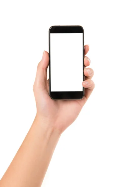 Beyaz arka planda izole edilmiş akıllı telefonu tutan genç bir kadın..