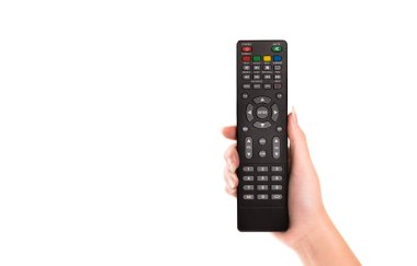Uzaktan kumandalı televizyon beyaz arkaplanda izole edildi.