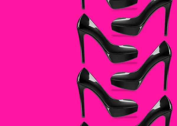 Women Black Shoe Pairs Pink Background — Stock Photo, Image