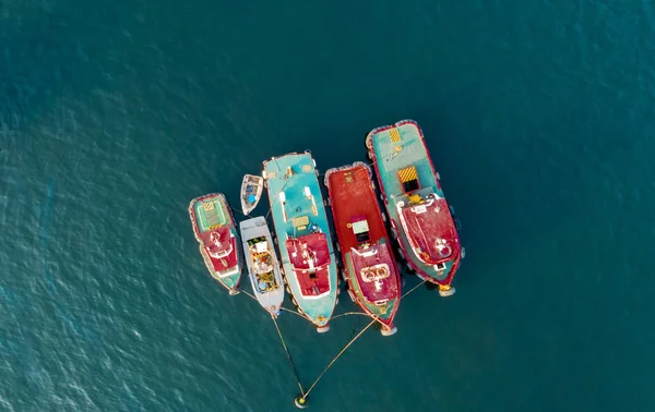 Aerial Top View Photo Red Traditional Wooden Fishing Boat Harbor — ストック写真