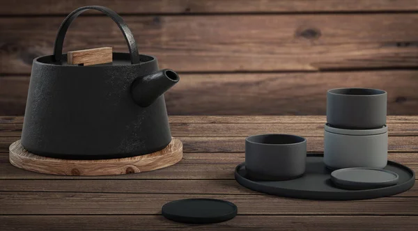 Modern black cast iron teapot and tea cups and a minimalist wood table. side view, set for tea time. 3d rendering
