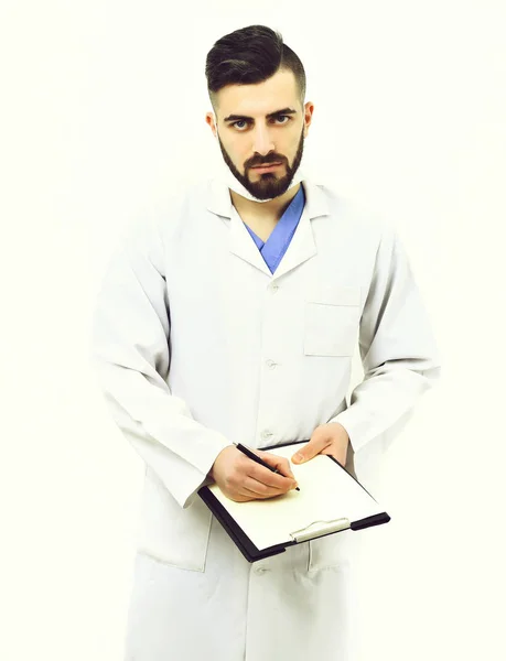 Treatment and ambulance services concept. Man with serious face — Stock Photo, Image