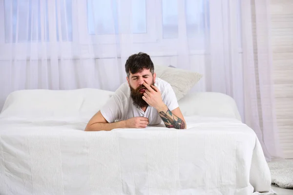 Tipo en la cara ocupada acostado en el borde de la cama en sábanas blancas. Buen concepto de modales. Macho barba y bigote relajante, descansando. Hombre acostado en la cama y escogiendo su nariz, cortinas blancas en el fondo —  Fotos de Stock