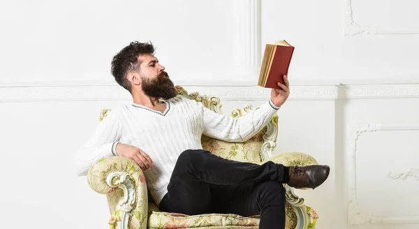 Znalostní koncept. Muž s vousy a knír sedí na křesle a čtení knih, pozadí bílé zdi. Vědec, profesor na vážnou tváří zkoumá literaturu. Macho inteligentní tráví volný čas s knihou — Stock fotografie