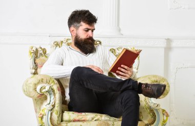 Akıllı kavramı. Bilim adamı, Profesör dalgın yüzündeki edebiyat araştırıyor. Sakal ve bıyık oturur koltuk ve okuma kitabı, beyaz duvar arka plan üzerinde olan adam. Maço akıllı kitap ile boş zaman harcıyor