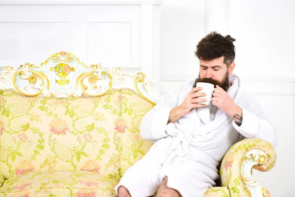 Luxury life concept. Man with beard and mustache enjoys morning while sitting on old fashioned luxury sofa. Man sleepy in bathrobe drinks coffee in luxury hotel in morning, white background