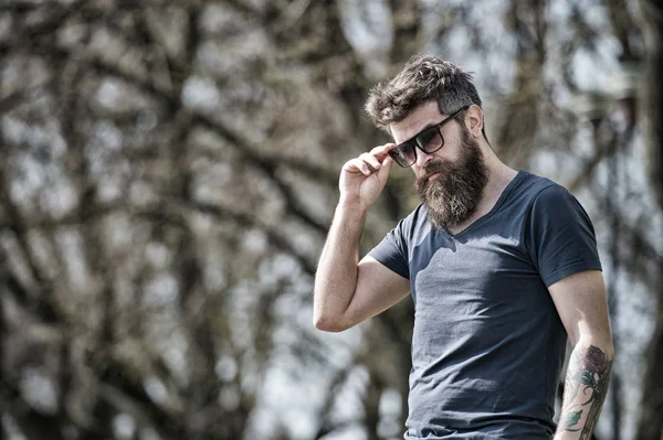 Homem barbudo tira óculos de sol no dia ensolarado. Conceito de masculinidade. Homem com barba longa parece elegante e confiante. Homem com barba e bigode no rosto estrito, ramos no fundo, desfocado — Fotografia de Stock