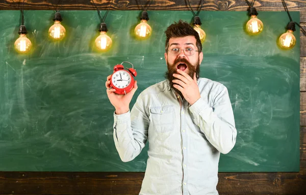 O hipster barbudo segura relógio, quadro no fundo, espaço de cópia. Esqueci-me do conceito do tempo. O professor de óculos tem despertador. Homem com barba e bigode no rosto chocado na sala de aula — Fotografia de Stock