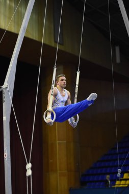 Kiev. Ukrayna-Nisan 1, 2017: sabit gymnasic halkaları Stella Zakharova artistik jimnastik Ukrayna Uluslararası Kupası sırasında performans erkek jimnastikçi