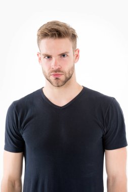 Adam rahat tshirt beyaz arka plan üzerinde izole. Tıraşsız yüzündeki sakallı adam. Sarışın saçlı sakallı adam. Saç Bakımı Kuaför salonu veya berber dükkanı. Moda stil ve eğilim.