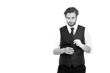 Sesli kitap ve yeni teknoloji. Beyaz arka plan üzerinde izole mp3 çalar olan adam. Müzik ve rahatla. Adam müzik dinleyin. Kulaklıklı mikrofon seti cep telefonu, kopya alanı ile işadamı