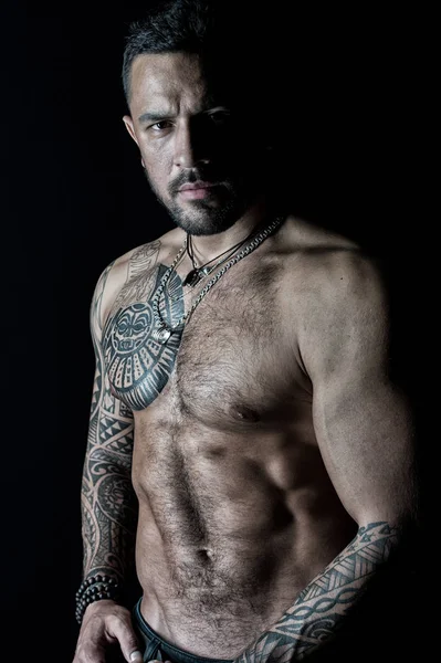 Man Tattooed Chest Arms Bearded Man Sexy Muscular Torso Fit — Stock Photo, Image