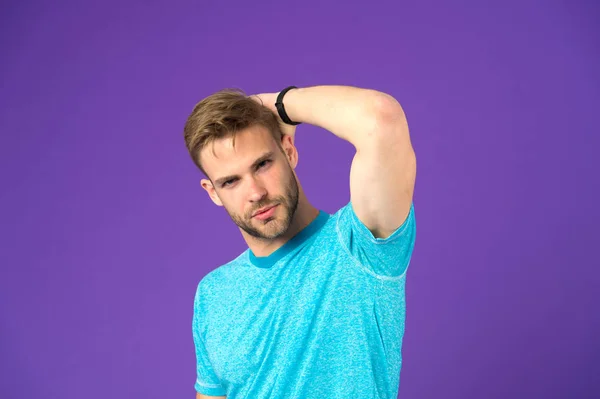 Fashion Athlete Touch Stylish Hair Violet Background Man Beard Unshaven — Stock Photo, Image