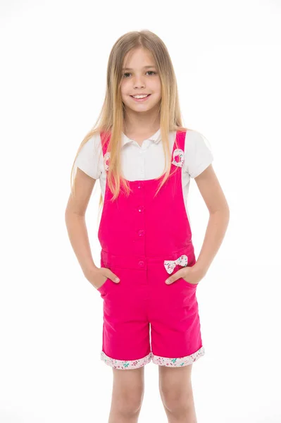 Стиль Тенденція Моди Маленька Дівчинка Посміхається Рожевому Комбінезоні Ізольовано Білому — стокове фото