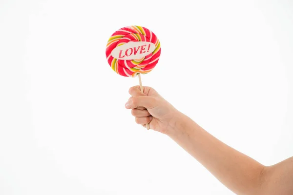 Lollipop Med Kärlek Bokstäver Isolerade Vitt Godis Pinne Handen Sött — Stockfoto